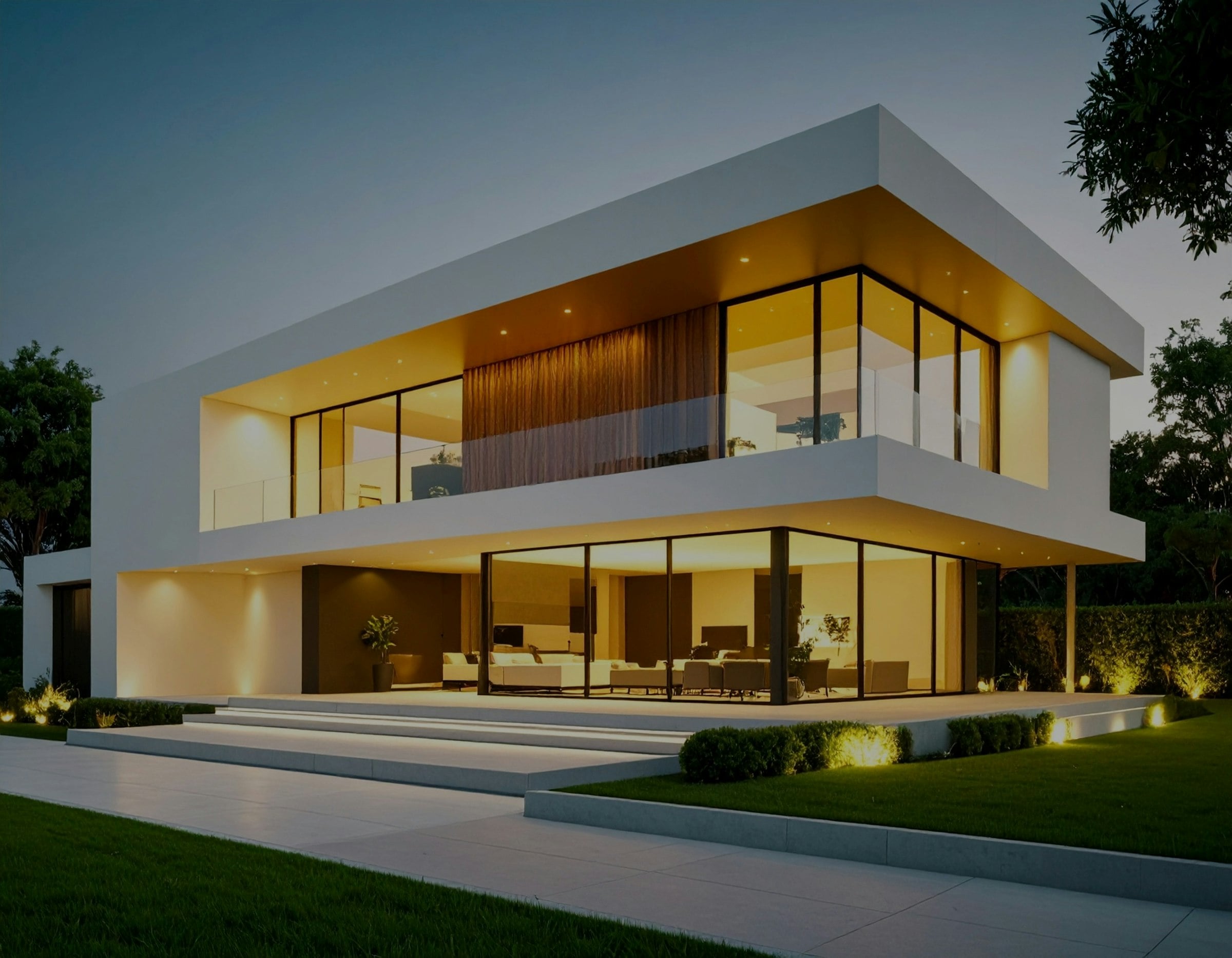 Modern home glowing with interior lights at dusk