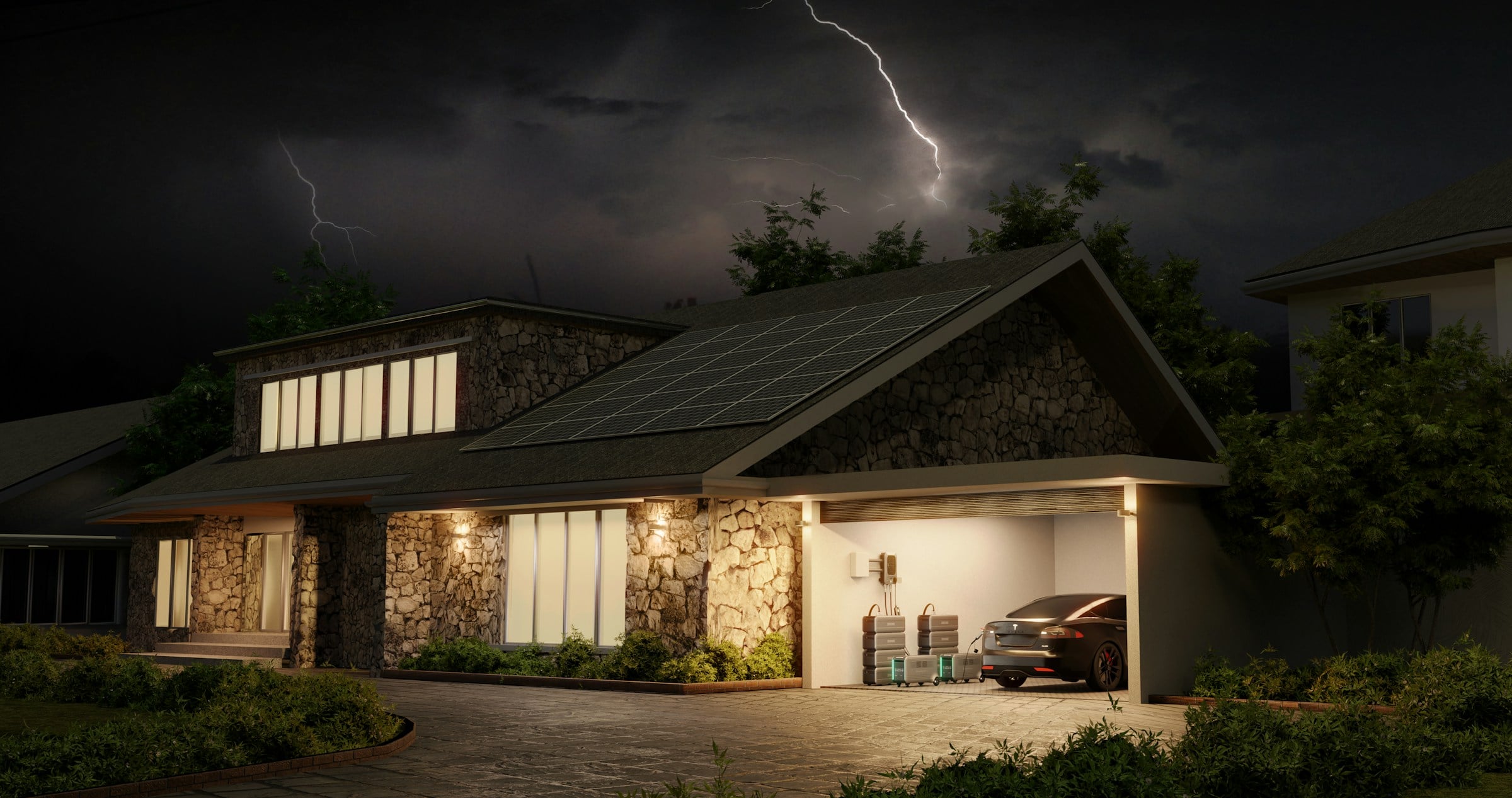 Home with lights on during a thunderstorm